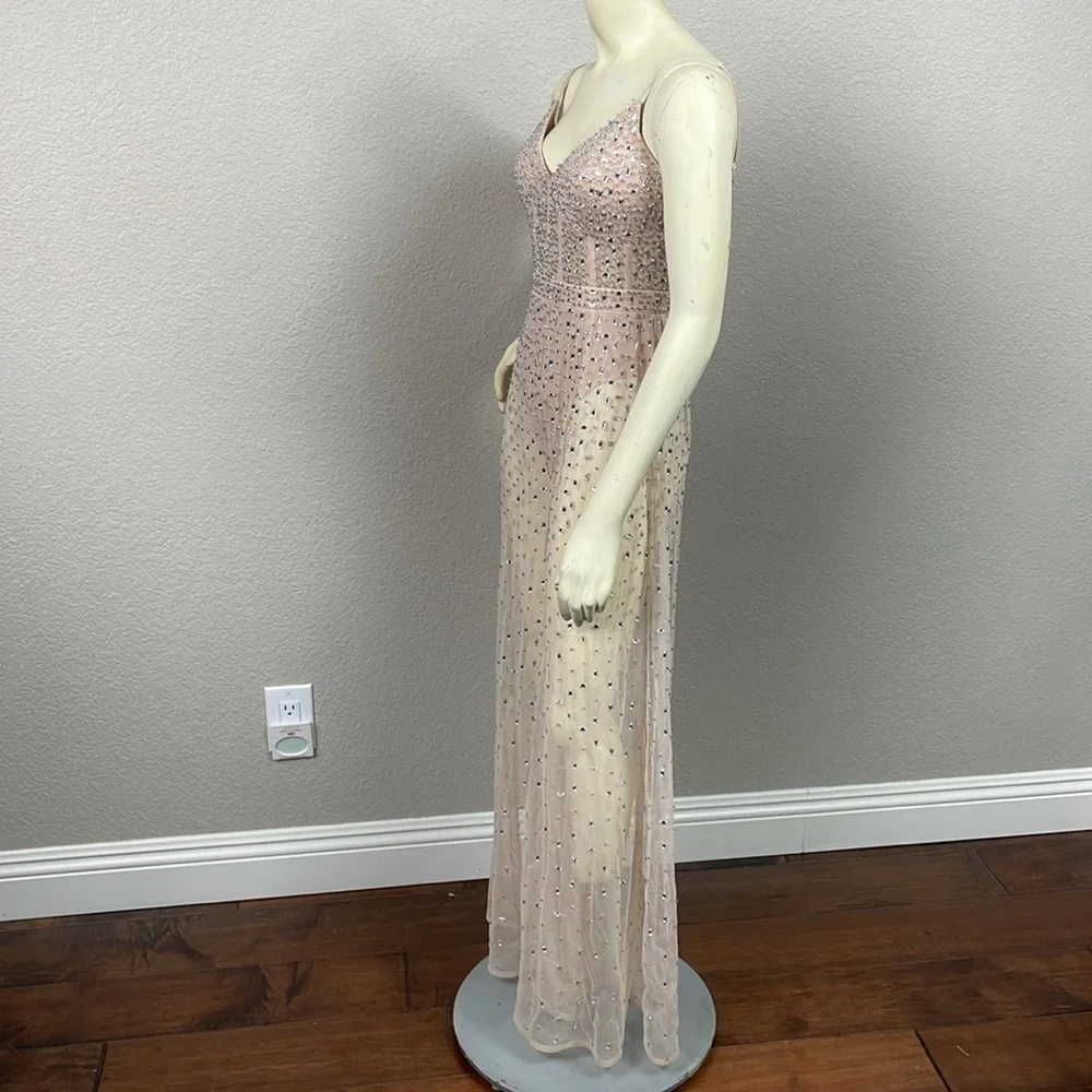 NWT Mac Duggal Sheer Nude Beaded Corset Bodysuit Jumpsuit Wide Leg Sample Sz 2